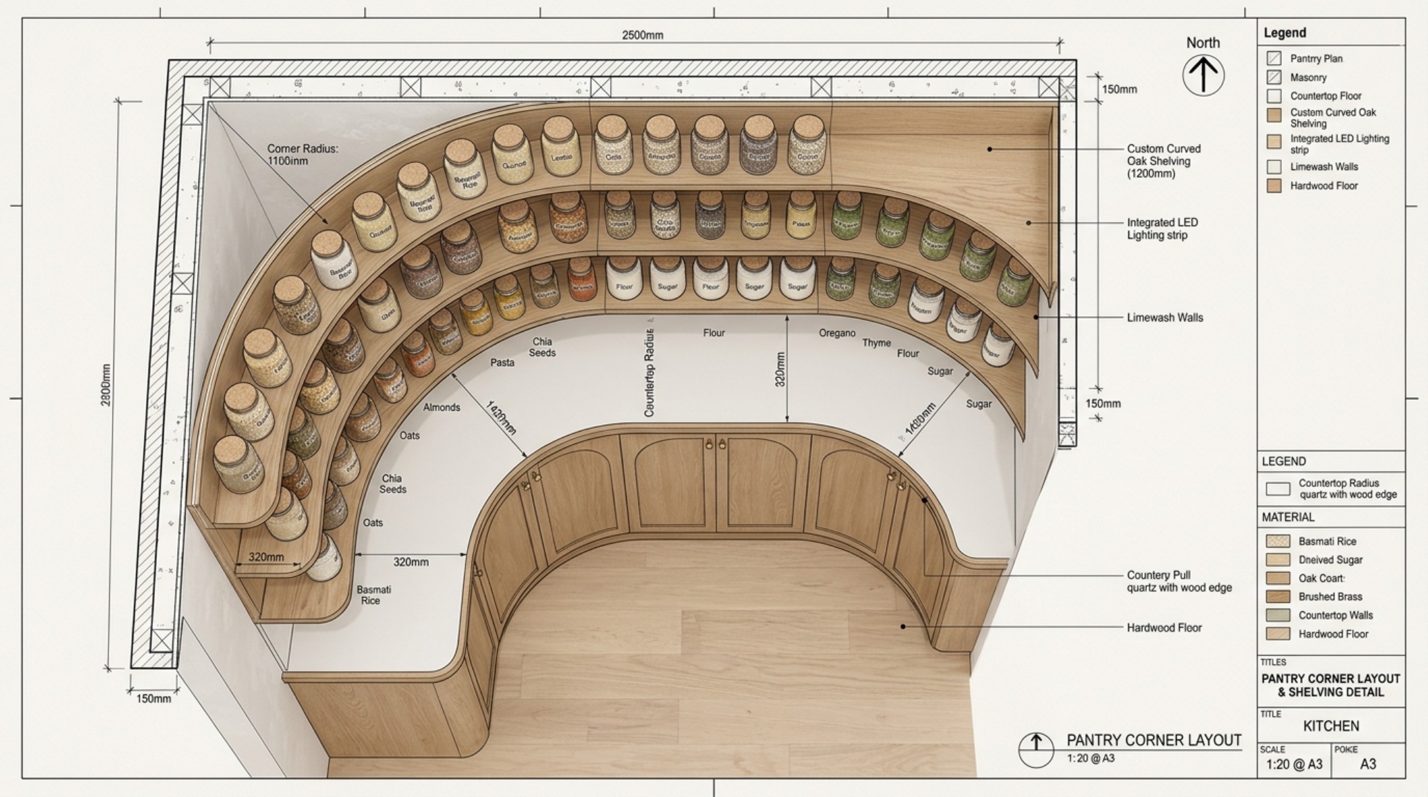 A corner pantry solution utilizing curved wood shelving to maximize small pantry organization ideas layout efficiency in tight architectural corners.