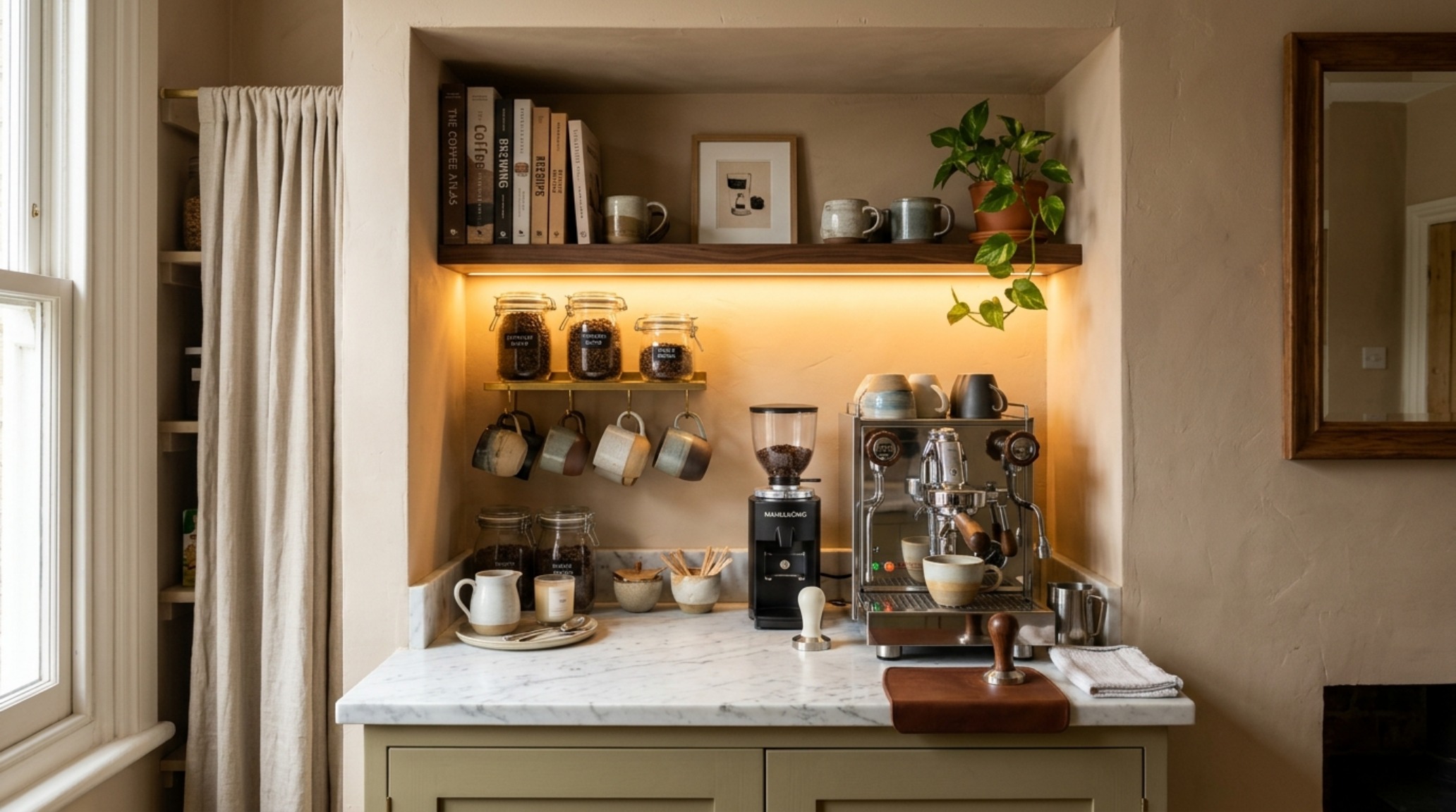 Warm pantry interior painted in Farrow & Ball Setting Plaster with soft 3000K task lighting illuminating a dedicated coffee station.