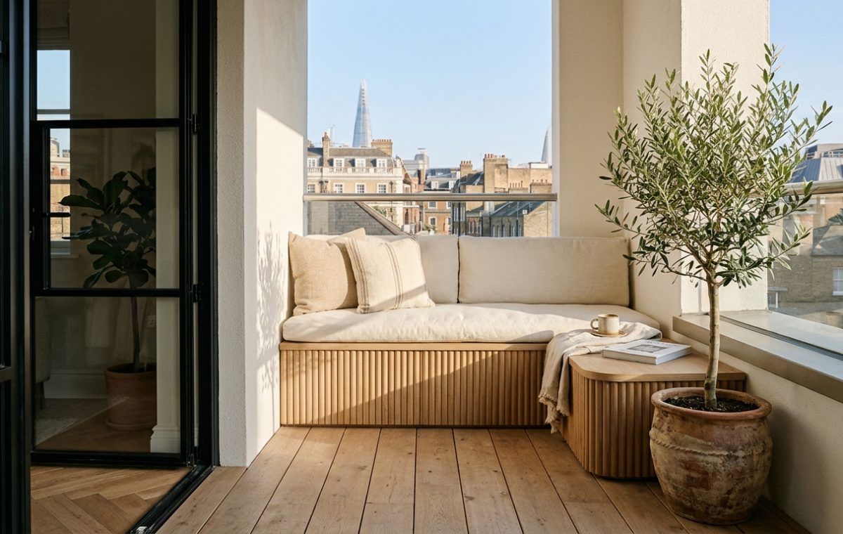 A hero focal visual of a modern balcony featuring a built-in fluted white oak bench, soft linen cushions, and a small olive tree in a clay pot, epitomizing sophisticated small apartment balcony ideas.