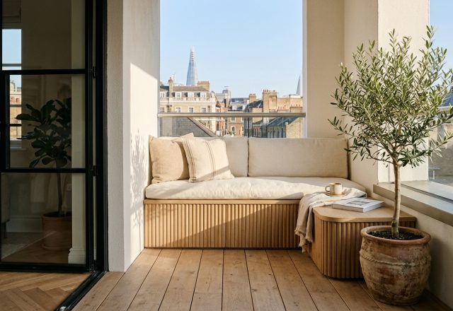 A hero focal visual of a modern balcony featuring a built-in fluted white oak bench, soft linen cushions, and a small olive tree in a clay pot, epitomizing sophisticated small apartment balcony ideas.