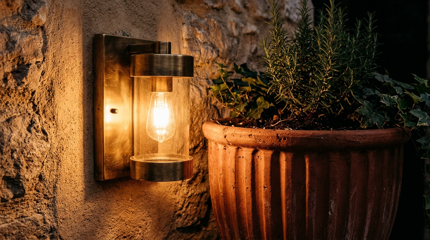 Close-up of a fluted terracotta planter and brushed brass outdoor sconce illustrating high-end small apartment balcony ideas lighting.