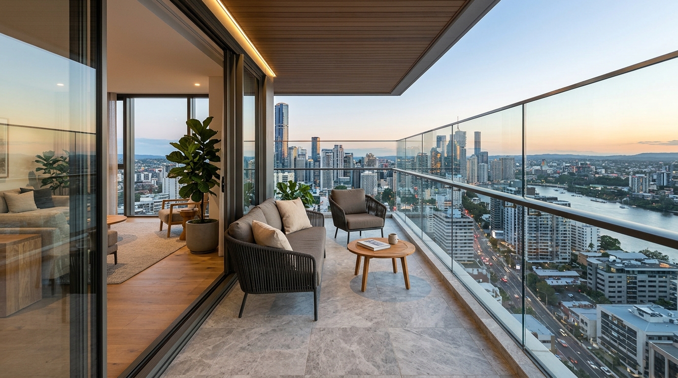 A balcony design focused on small apartment balcony ideas architecture with a custom glass railing to preserve city sightline alignment.