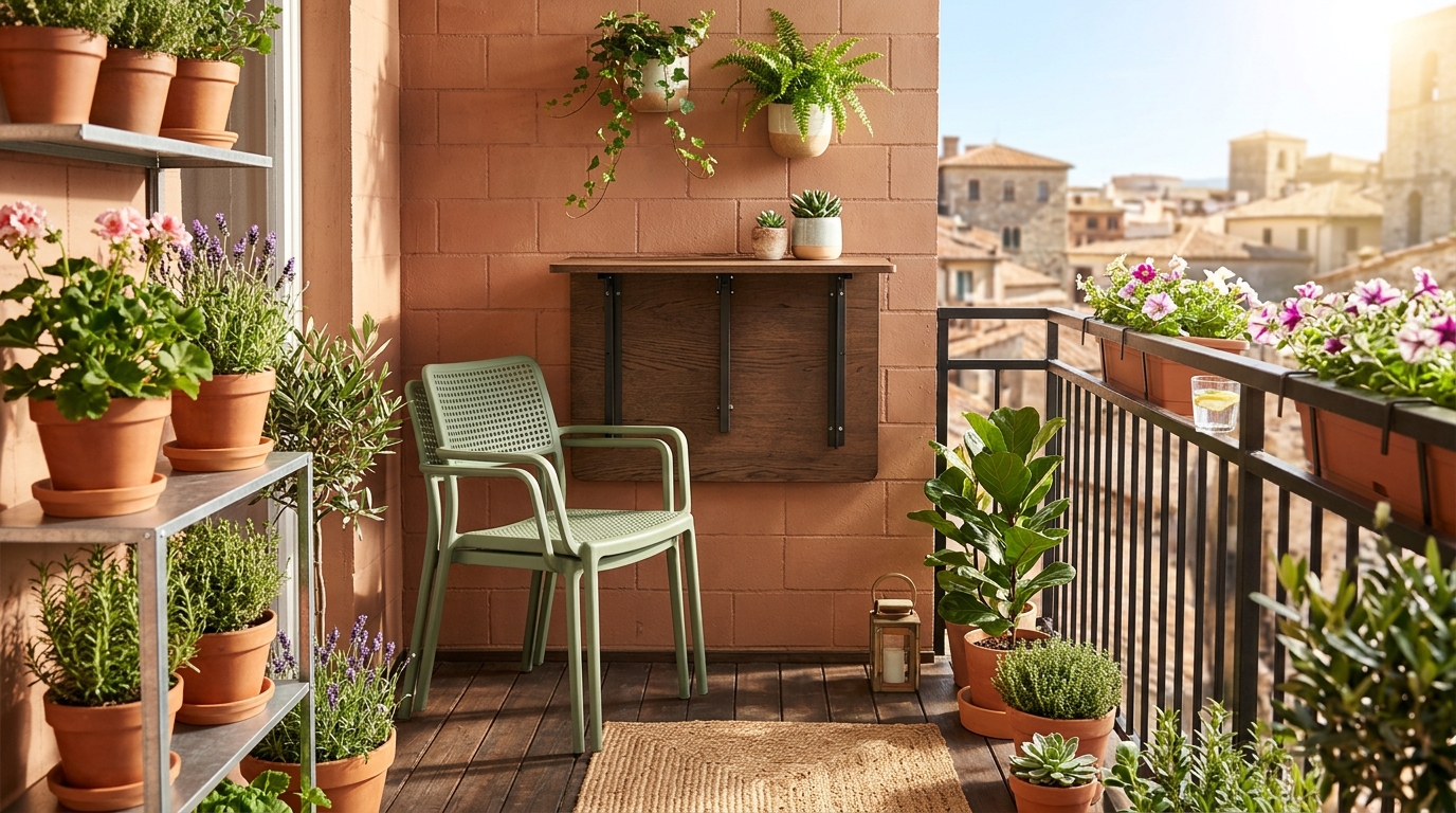 Compact small apartment balcony ideas layout featuring a wall-mounted drop-leaf table and stackable powder-coated aluminum chairs.