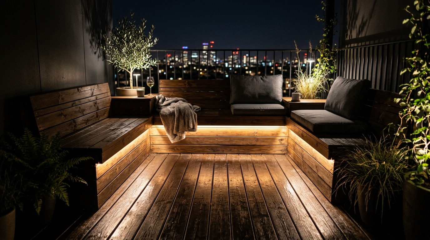 Warm 2700K LED strip lighting tucked under a balcony bench, creating an ethereal glow for small apartment balcony ideas.