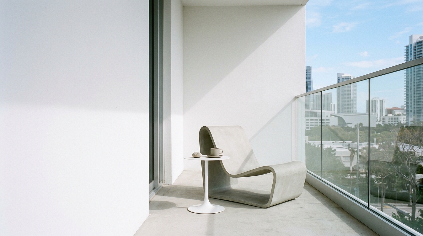 A minimalist balcony with a single sculptural lounge chair and a small pedestal table, emphasizing negative space in small apartment balcony ideas.