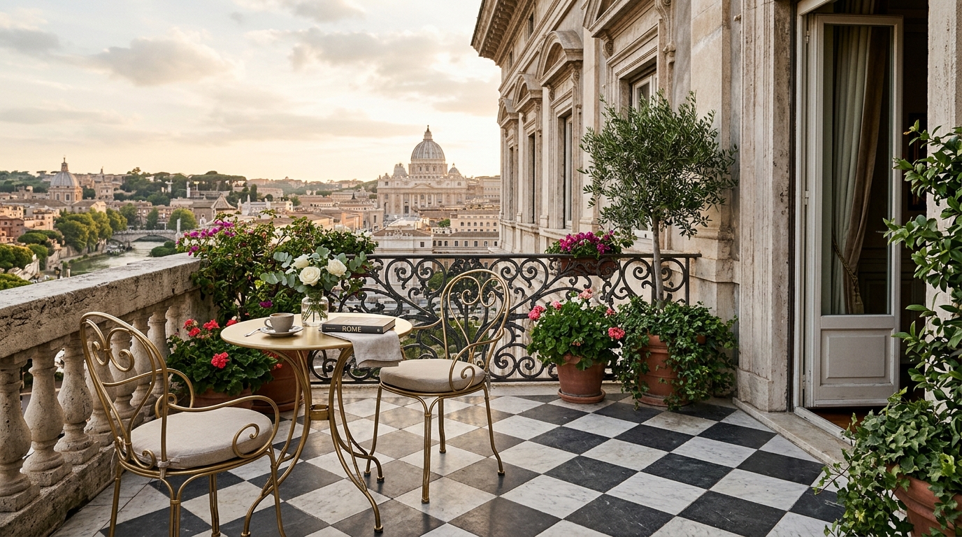 Sophisticated small apartment balcony ideas featuring a checkerboard marble floor and a bistro set in brushed antique gold.