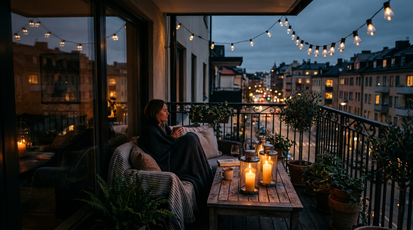 Atmospheric evening shot of a small balcony with hurricane lanterns and 2700K string lights for a warm small apartment balcony ideas mood.