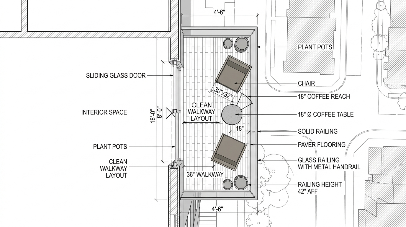 Top-down architectural perspective of a small apartment balcony ideas layout showing a 36-inch clear walkway and 18-inch spacing between a minimalist chair and side table.