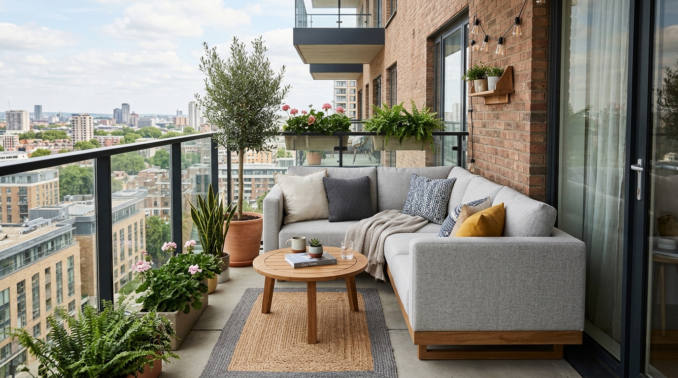 Small apartment balcony ideas layout featuring a corner sectional sofa designed for 5x10 foot dimensions with weather-resistant fabric.