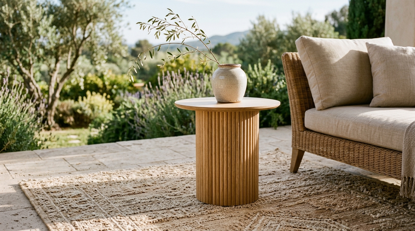 Luxury textures on a balcony including a hand-knotted outdoor rug and a fluted oak side table for elevated small apartment balcony ideas.
