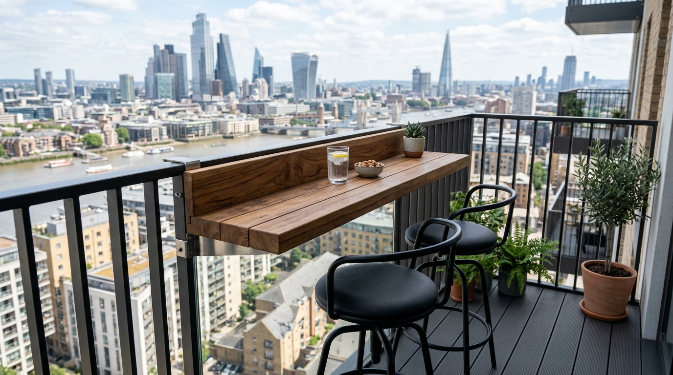 Small apartment balcony ideas for a narrow space featuring a bar height ledge and swivel stools for optimized city views.