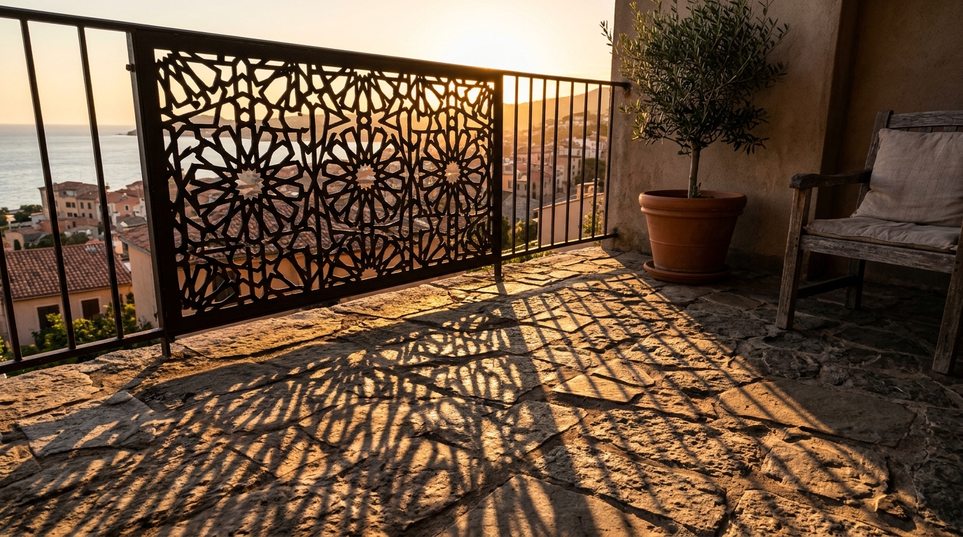 Artistic detail of shadows cast by a laser-cut metal privacy screen on a balcony floor, showcasing small apartment balcony ideas lighting.
