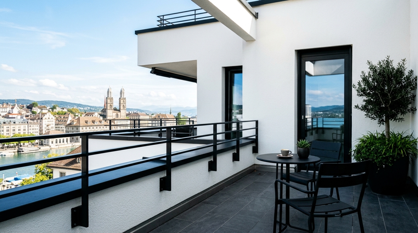 A high-contrast small apartment balcony ideas scheme with Benjamin Moore Swiss Coffee walls and matte black hardware.