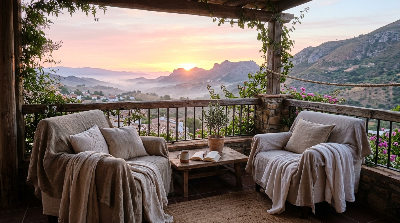 Concluding visual of a serene balcony at sunrise, capturing the essence of small apartment balcony ideas through light and organic materials.