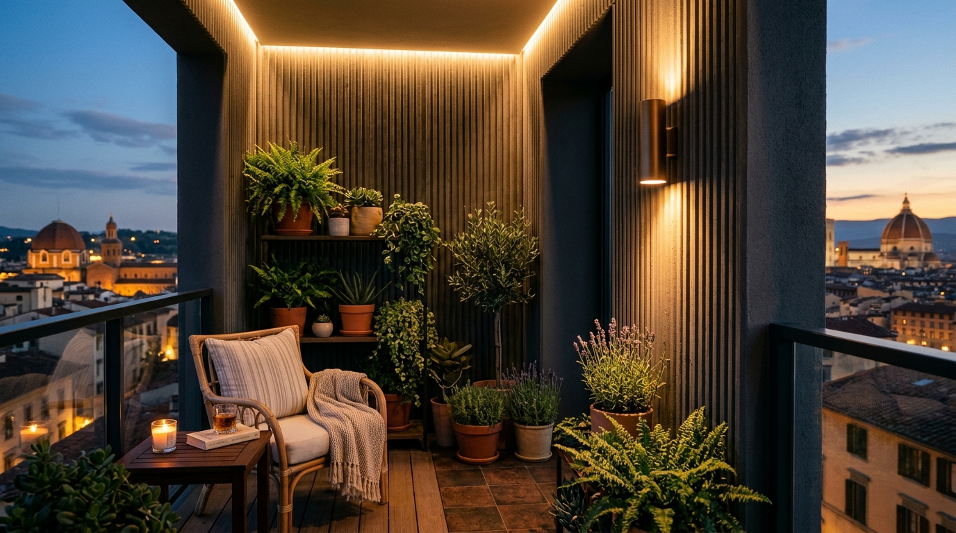 Small balcony at dusk with 2700K warm atmospheric lighting, showing how soft shadows and high CRI 90+ bulbs enhance small apartment balcony ideas.