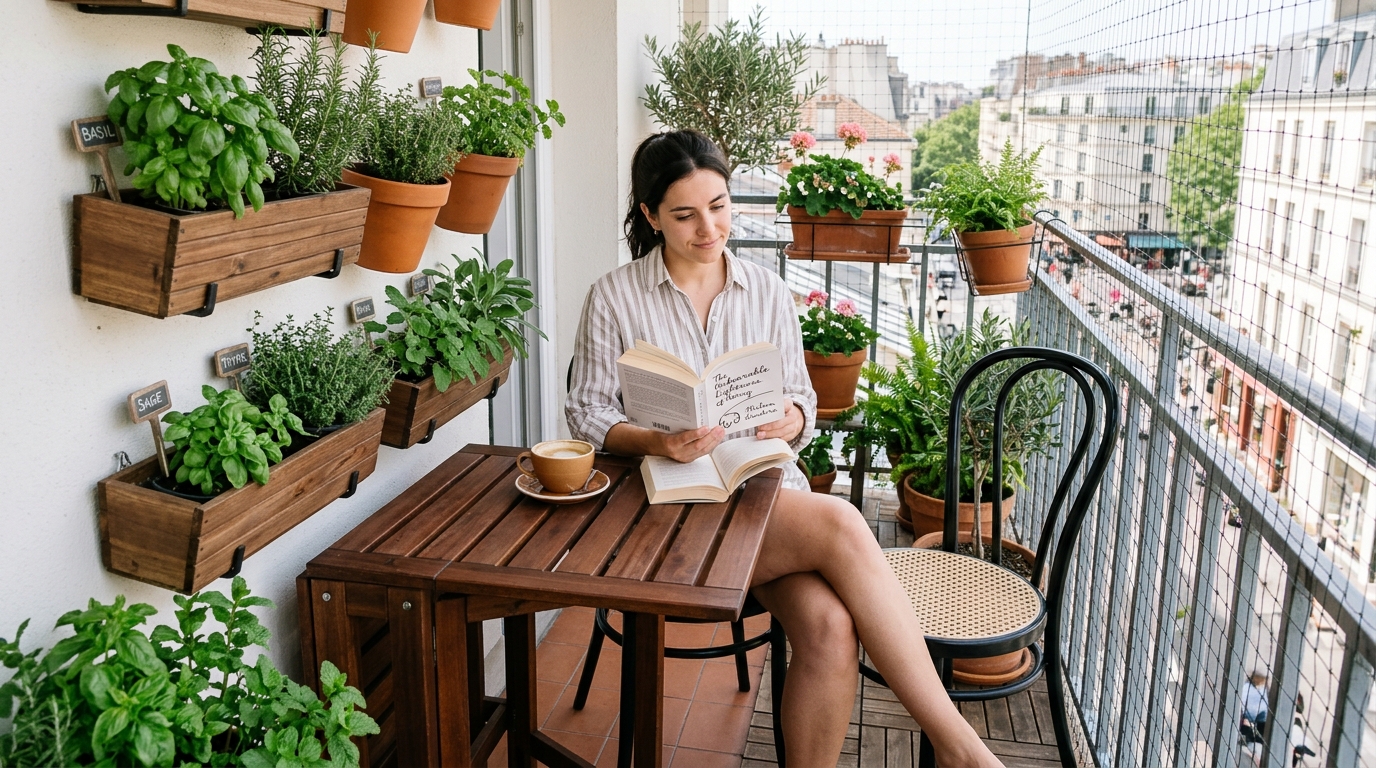 An ergonomic living snapshot of a person reading on a small balcony with a folding gate-leg table and vertical herb garden, showcasing functional small apartment balcony ideas.