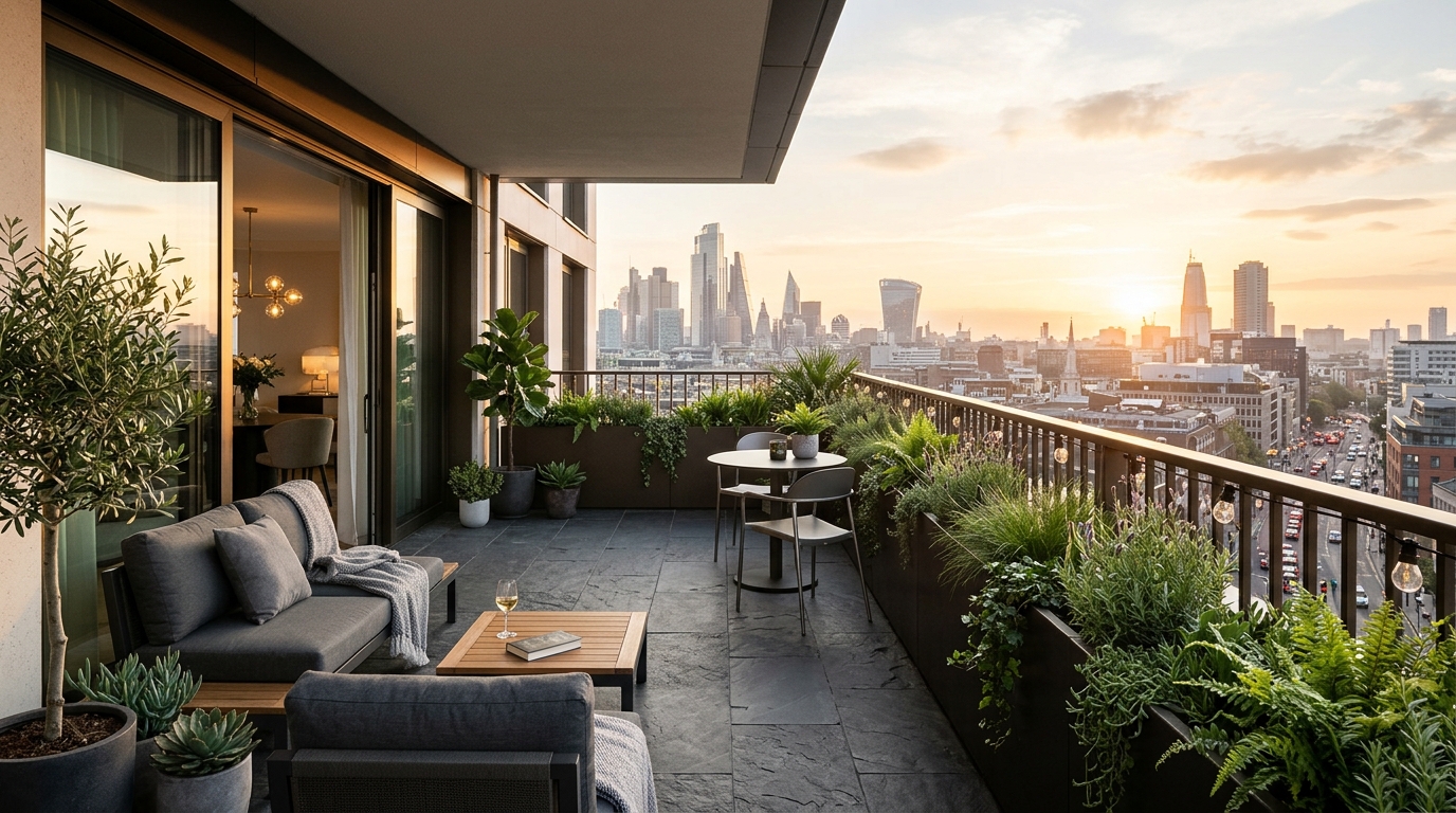 Luxury small apartment balcony ideas featuring a basalt stone floor and custom powder-coated bronze railing with integrated planters.