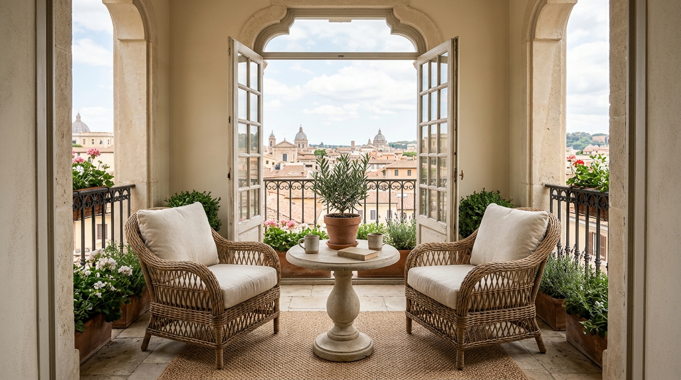 Symmetric small apartment balcony ideas layout with twin rattan armchairs and a center-aligned limestone coffee table under morning sunlight.