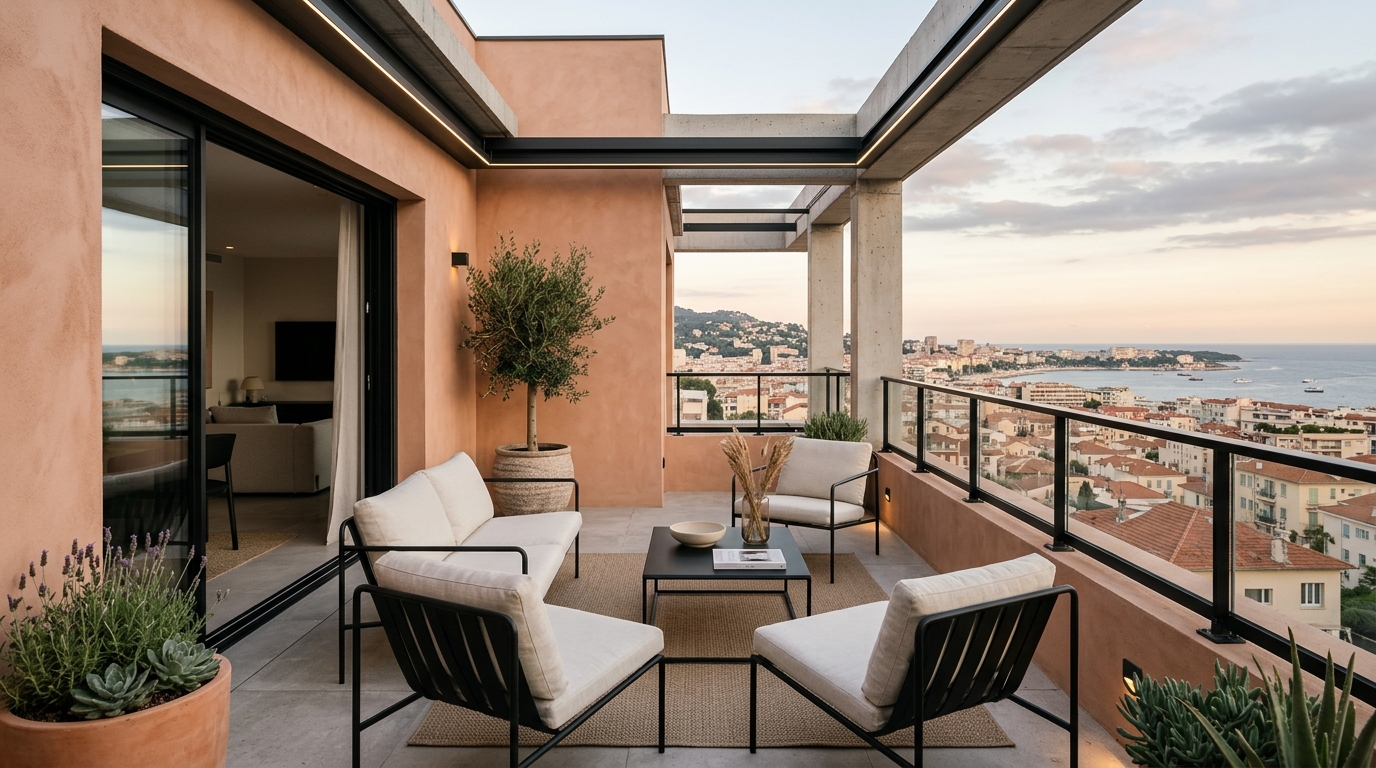 Modern small apartment balcony ideas featuring limewash walls in Farrow & Ball Setting Plaster and minimalist black steel furniture.