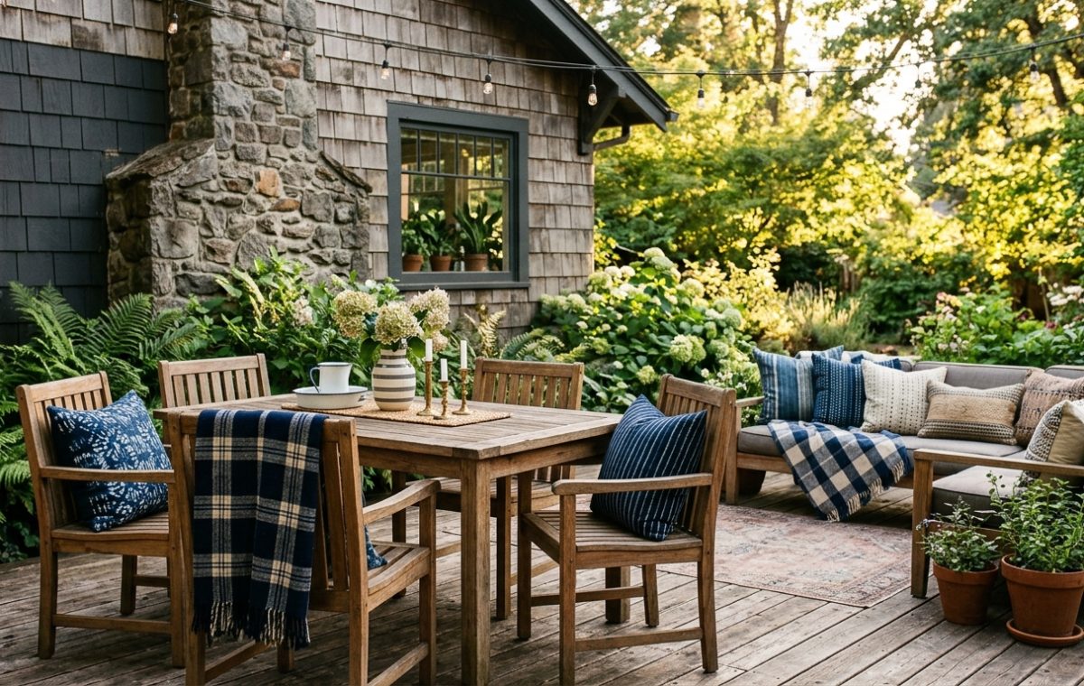 Editorial hero shot of a small apartment balcony featuring Max Humphrey inspired navy plaid pillows and weathered teak furniture in late afternoon sun.