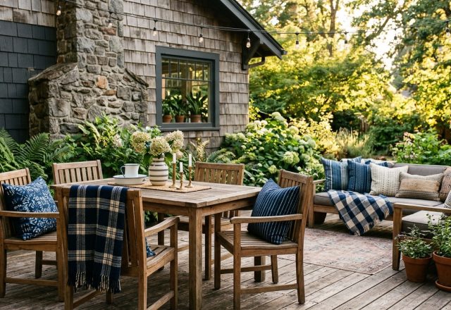 Editorial hero shot of a small apartment balcony featuring Max Humphrey inspired navy plaid pillows and weathered teak furniture in late afternoon sun.