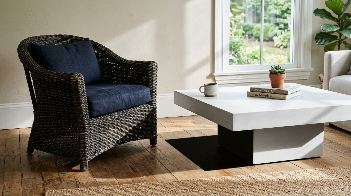 Material contrast study showing a smooth white concrete table paired with a rough-hewn rattan lounge chair on an urban terrace. Material contrast study showing a smooth white concrete table paired with a rough-hewn rattan lounge chair on an urban terrace.