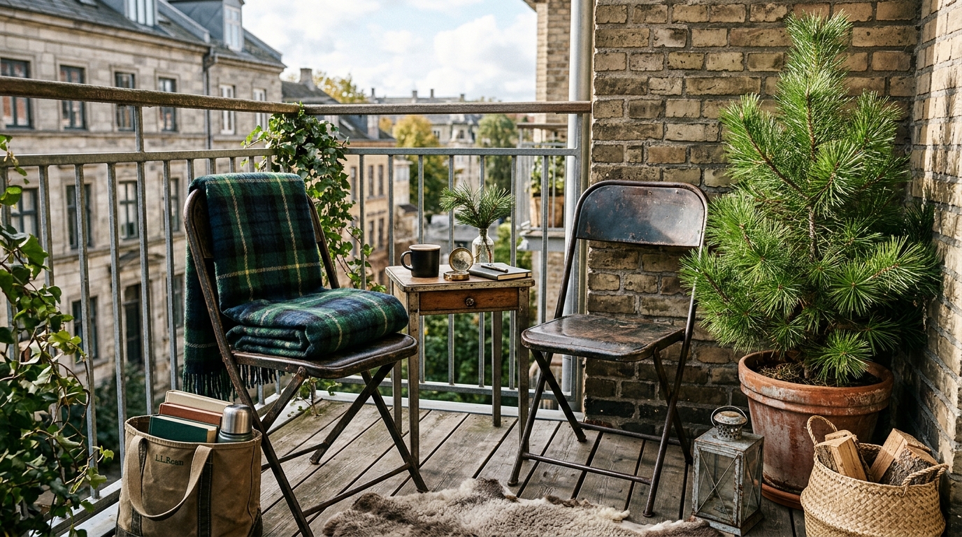 Max Humphrey style 'rugged refined' balcony featuring vintage-inspired metal chairs and a modern performance fabric rug in cream. Max Humphrey style 'rugged refined' balcony featuring vintage-inspired metal chairs and a modern performance fabric rug in cream.