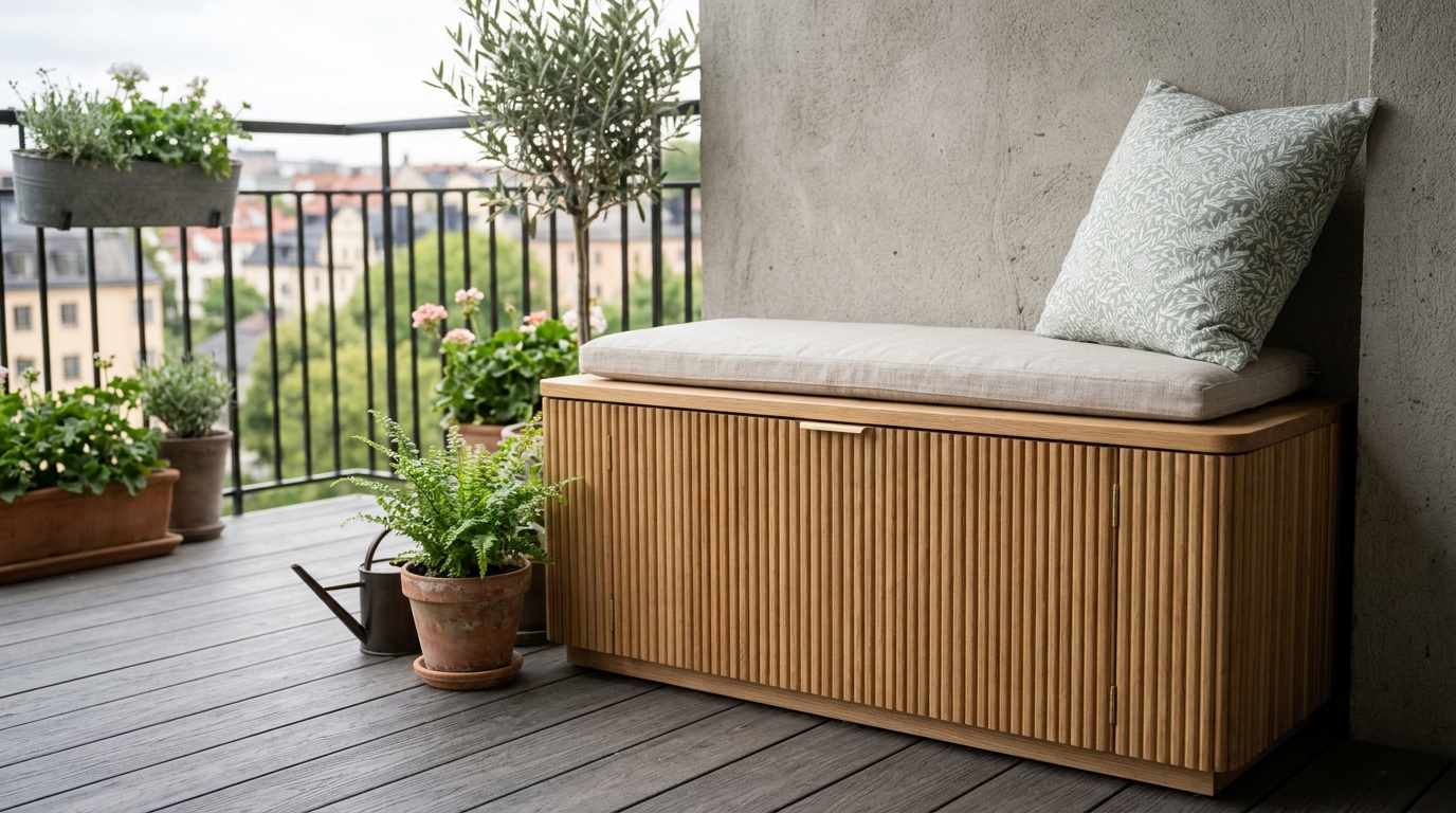 Narrow balcony storage solution featuring a custom fluted oak bench that doubles as a weatherproof cushion chest. Narrow balcony storage solution featuring a custom fluted oak bench that doubles as a weatherproof cushion chest.