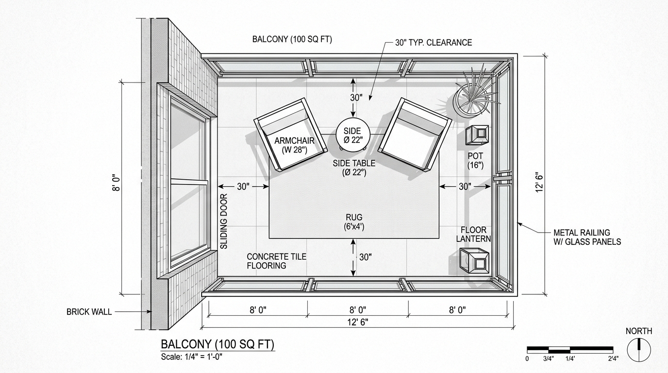 Architectural top-down view of a small apartment balcony layout showing 30-inch walkway clearances and a defined seating zone with a sisal rug. Architectural top-down view of a small apartment balcony layout showing 30-inch walkway clearances and a defined seating zone with a sisal rug.