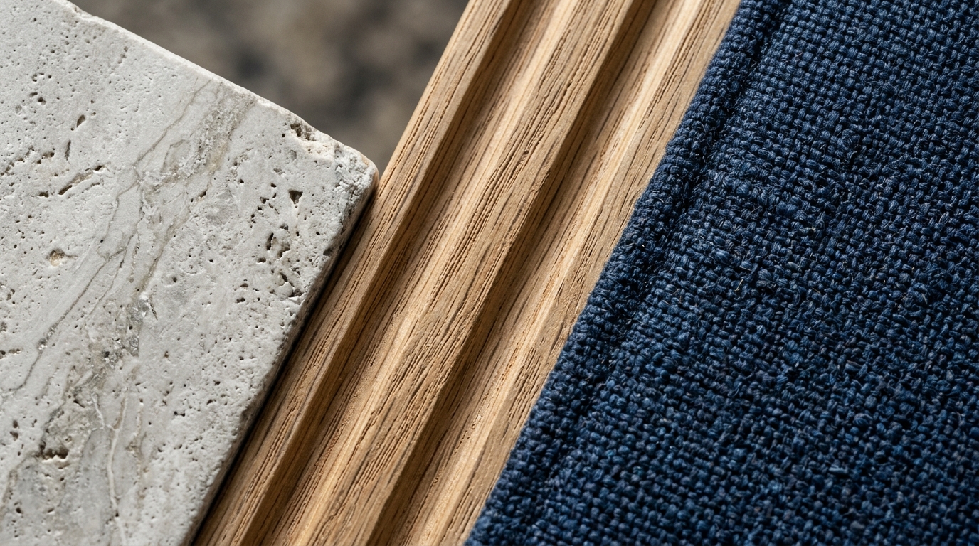 Macro detail of tactile materials including fluted white oak, honed silver travertine stone, and a heavy-weave performance linen cushion. Macro detail of tactile materials including fluted white oak, honed silver travertine stone, and a heavy-weave performance linen cushion.