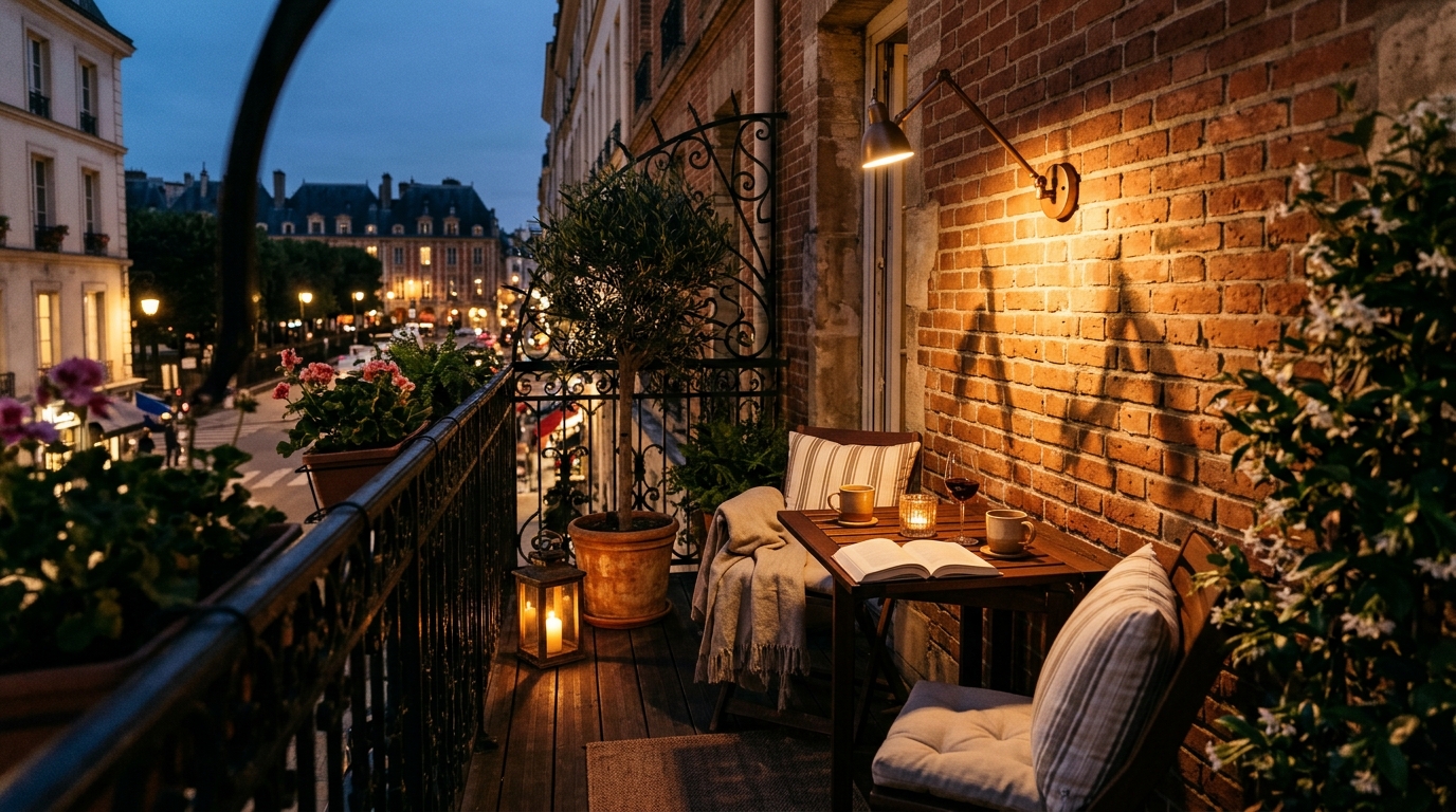 Evening atmosphere on a modern balcony with 2700K warm lighting, high CRI lanterns, and dramatic shadow play against a brick wall. Evening atmosphere on a modern balcony with 2700K warm lighting, high CRI lanterns, and dramatic shadow play against a brick wall.