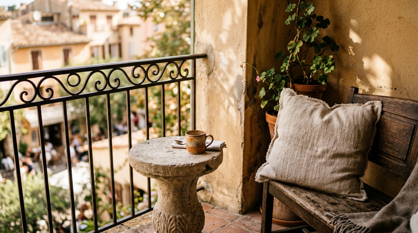Ergonomic seating snapshot on a luxury balcony showing an 18-inch high side table perfectly positioned for a coffee cup and book. Ergonomic seating snapshot on a luxury balcony showing an 18-inch high side table perfectly positioned for a coffee cup and book.