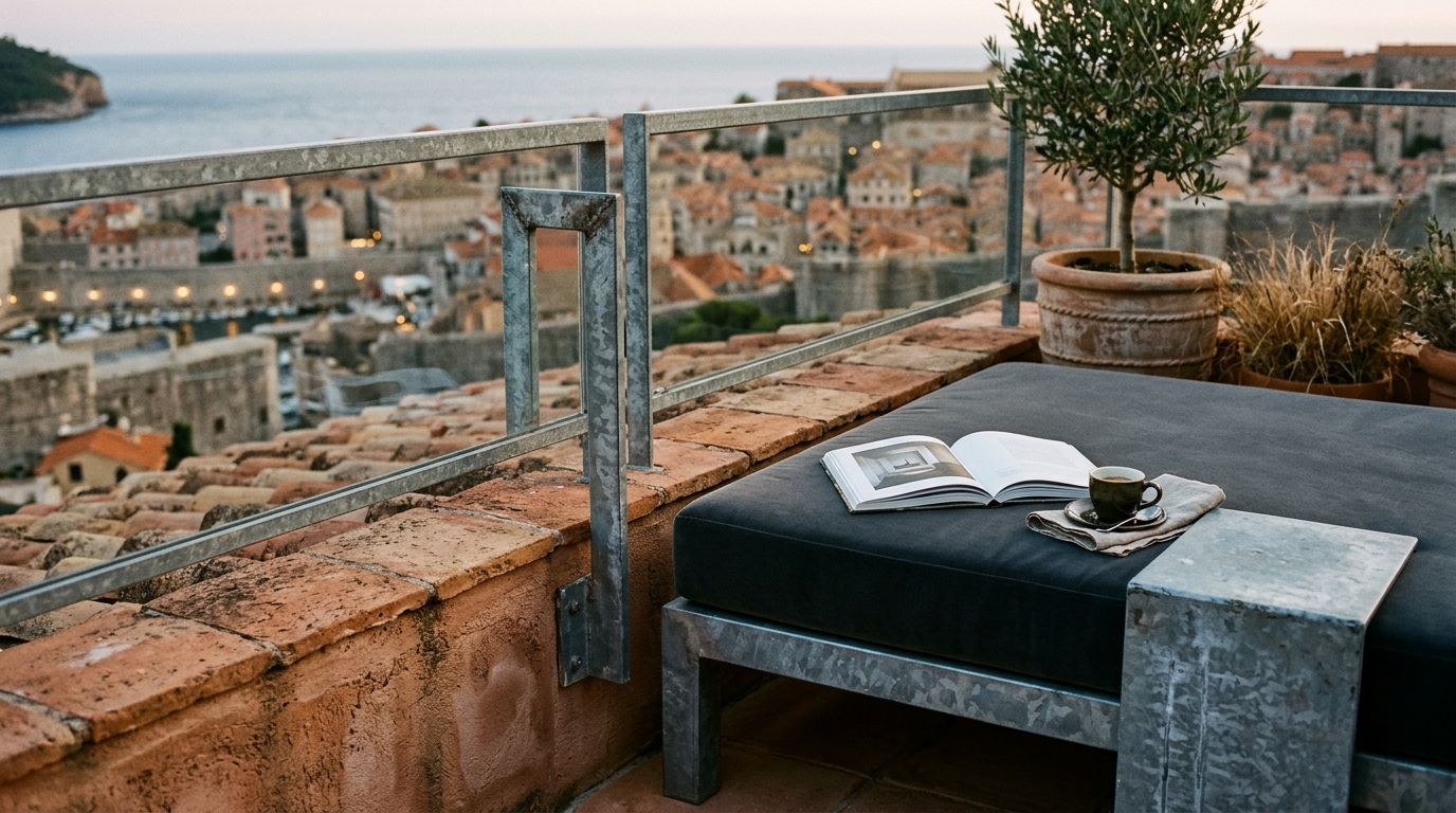 Luxury small apartment balcony ideas textures featuring a mix of galvanized metal planters and soft outdoor velvet upholstery in slate gray. Luxury small apartment balcony ideas textures featuring a mix of galvanized metal planters and soft outdoor velvet upholstery in slate gray.
