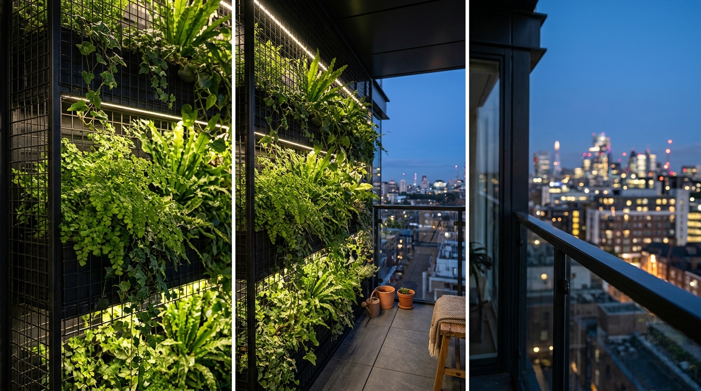 Modern small apartment balcony ideas featuring a vertical herb garden on a matte black powder-coated steel trellis for privacy. Modern small apartment balcony ideas featuring a vertical herb garden on a matte black powder-coated steel trellis for privacy.