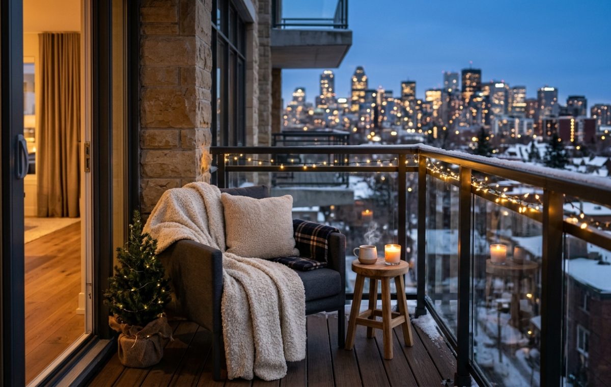 A luxury winter balcony featuring a low-slung lounge chair with a heavy knit throw and a 2700K warm lantern, illustrating premier small apartment balcony ideas.