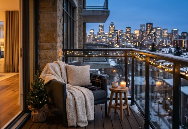 A luxury winter balcony featuring a low-slung lounge chair with a heavy knit throw and a 2700K warm lantern, illustrating premier small apartment balcony ideas.