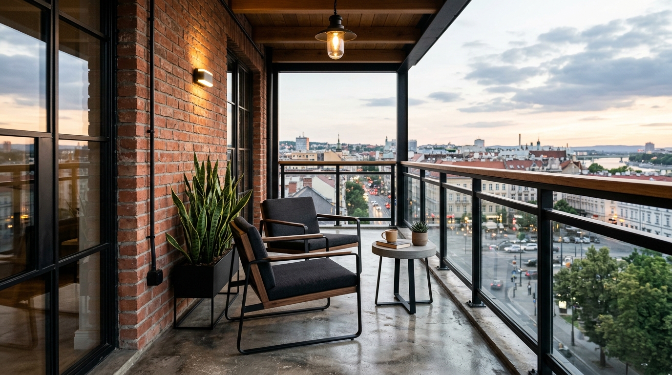 Industrial-chic balcony design with a polished concrete floor, matte black railings, and warm cedar accents.