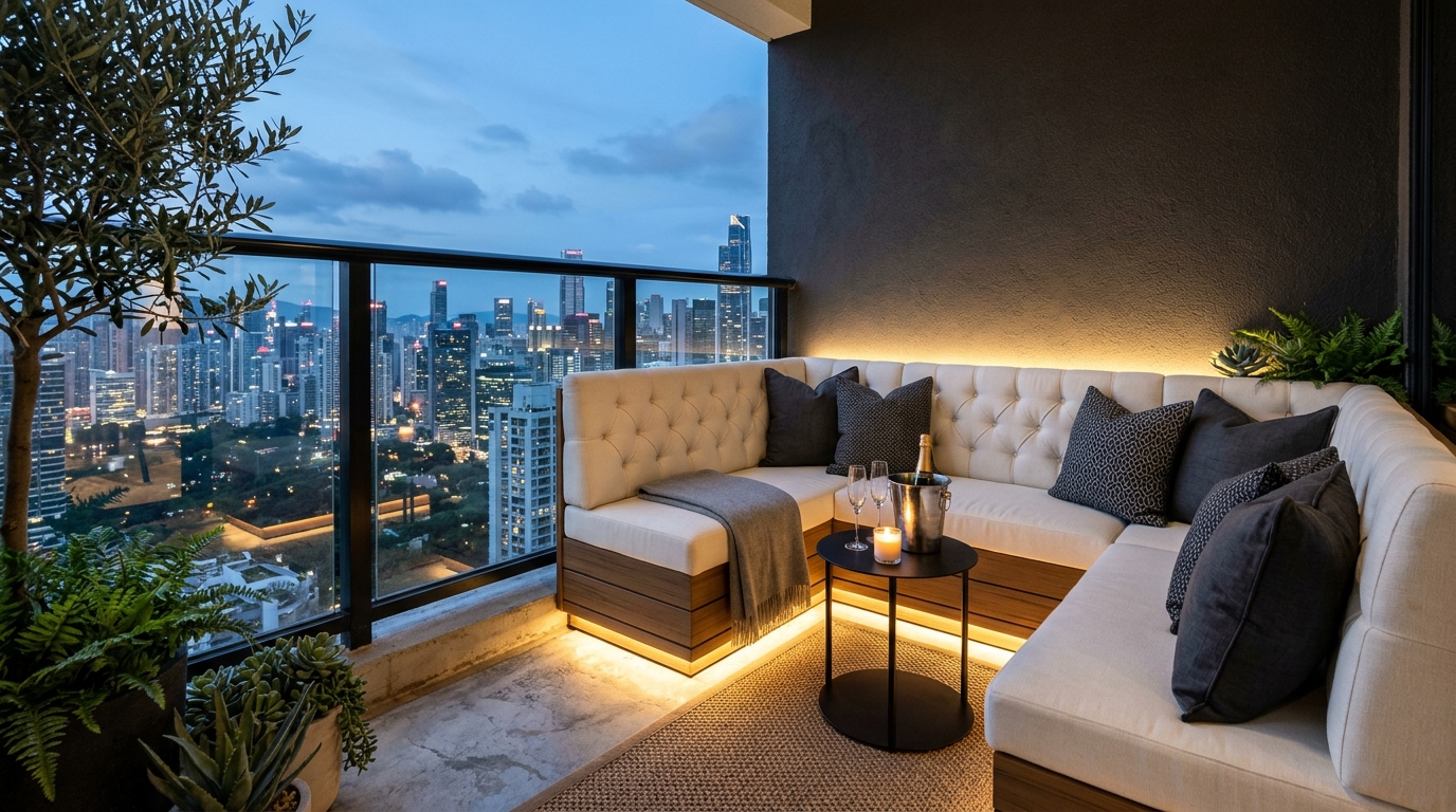 Luxury small apartment balcony ideas featuring a built-in banquette with custom weather-resistant bouclé upholstery.