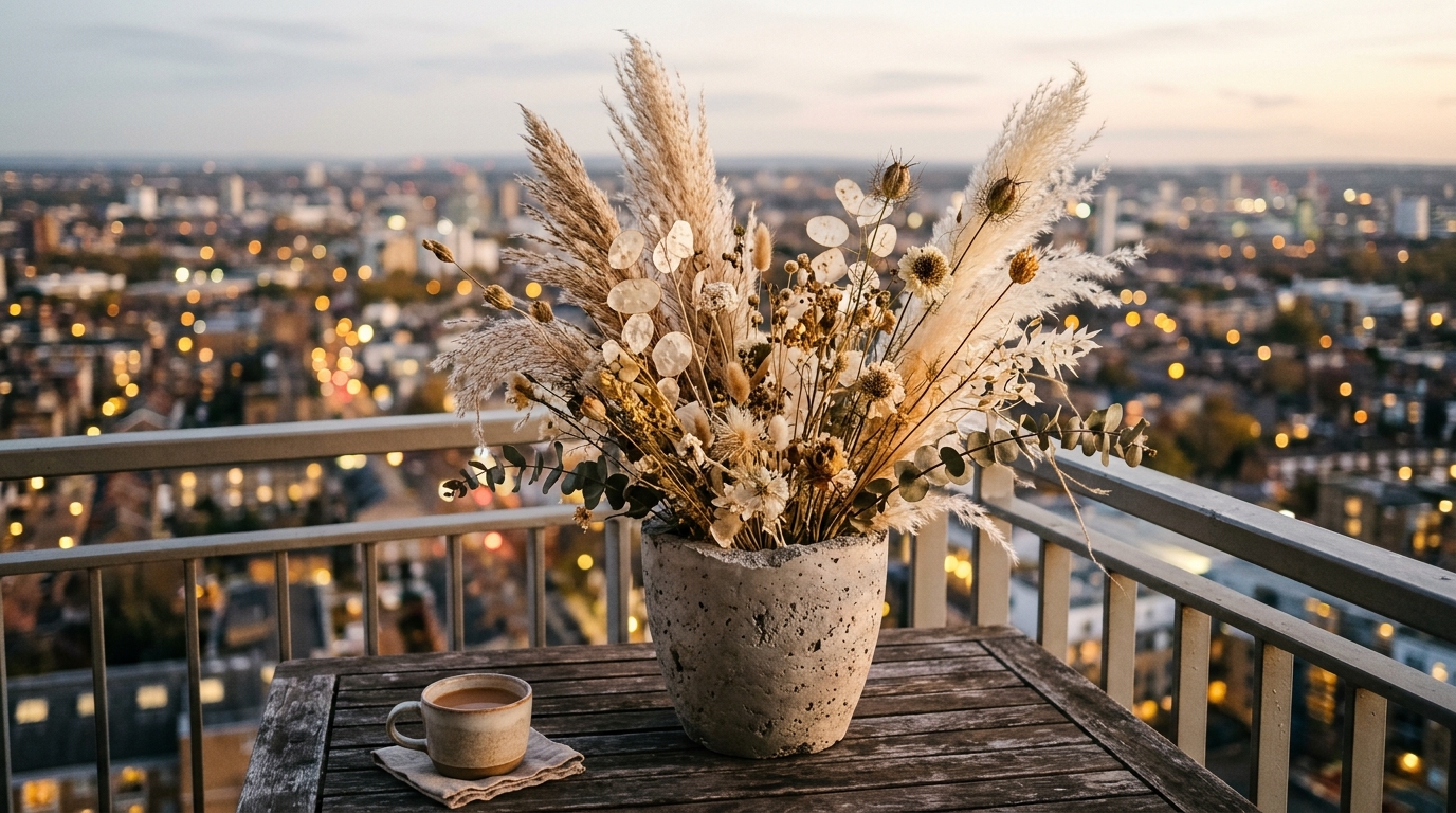 Close-up of a high-CRI outdoor spotlight illuminating a sculptural dried arrangement in a stone vase.
