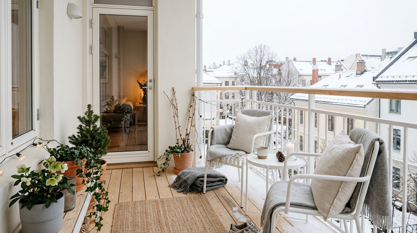 Minimalist Scandinavian-style balcony with light wood decking and a single iconic lounge chair under a heat lamp.
