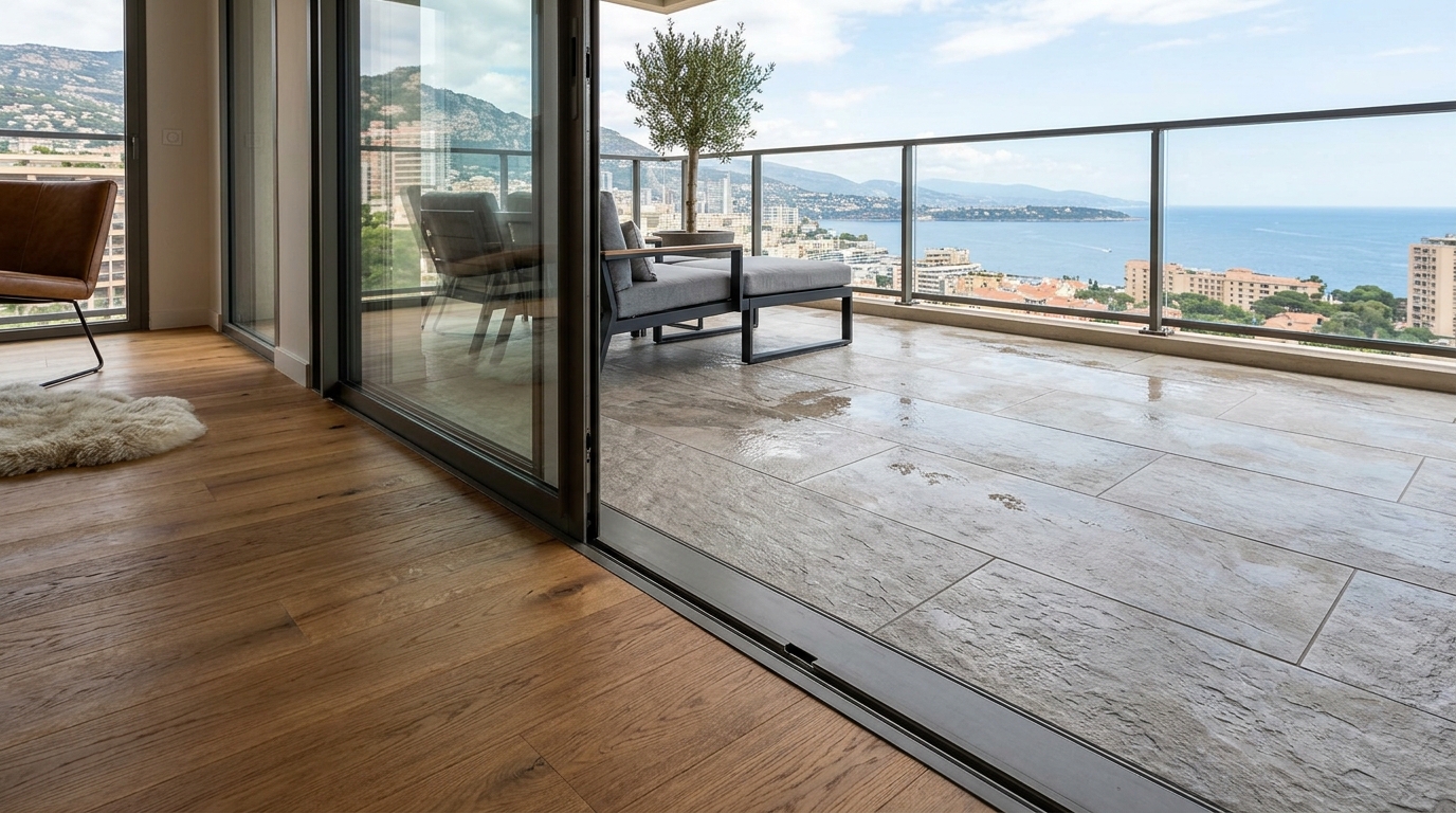Detailed view of a porcelain tile floor that mimics natural stone, providing high durability for winter balconies.