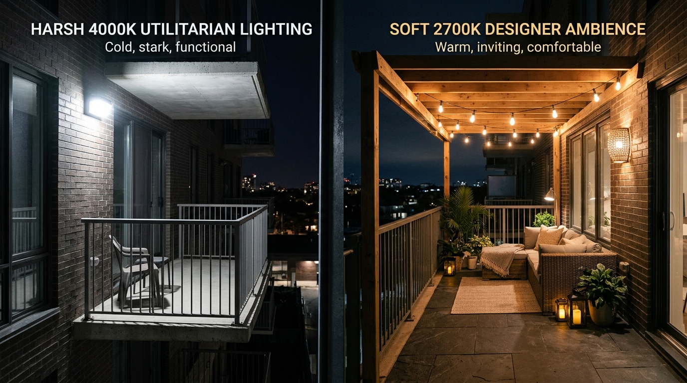 Small apartment balcony ideas lighting guide visual showing the difference between cool streetlights and warm 2700K balcony zones.