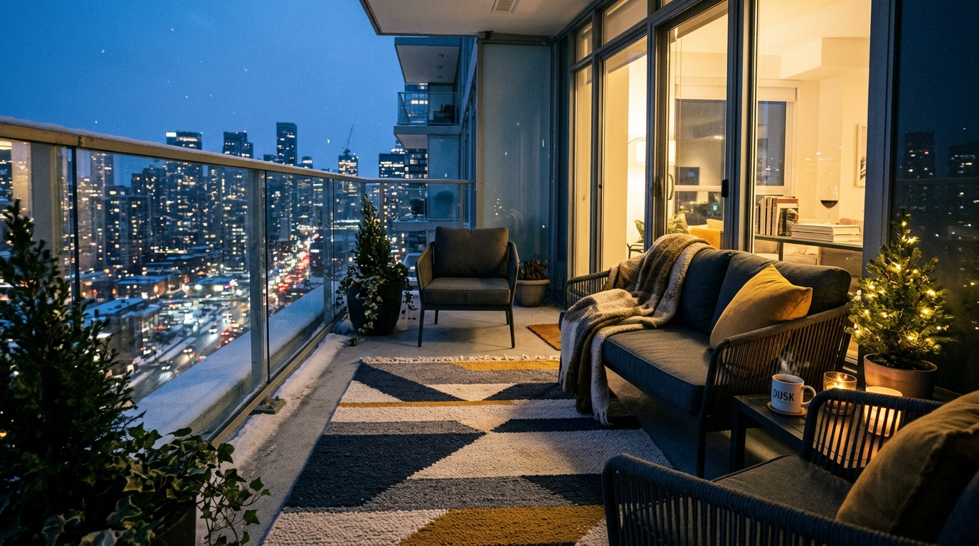 An urban oasis featuring glass railings to maximize views while using thick rugs for thermal insulation.