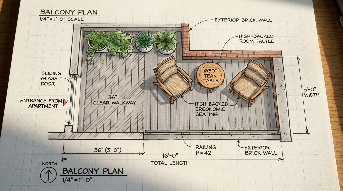 Top-down architectural view of a small balcony showing 36-inch walkway clearances and optimized furniture placement for urban flow.