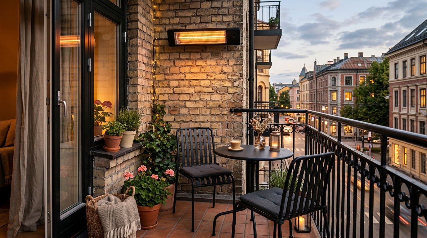 A contemporary balcony layout with a small bistro set and a high-performance infrared heater mounted overhead.