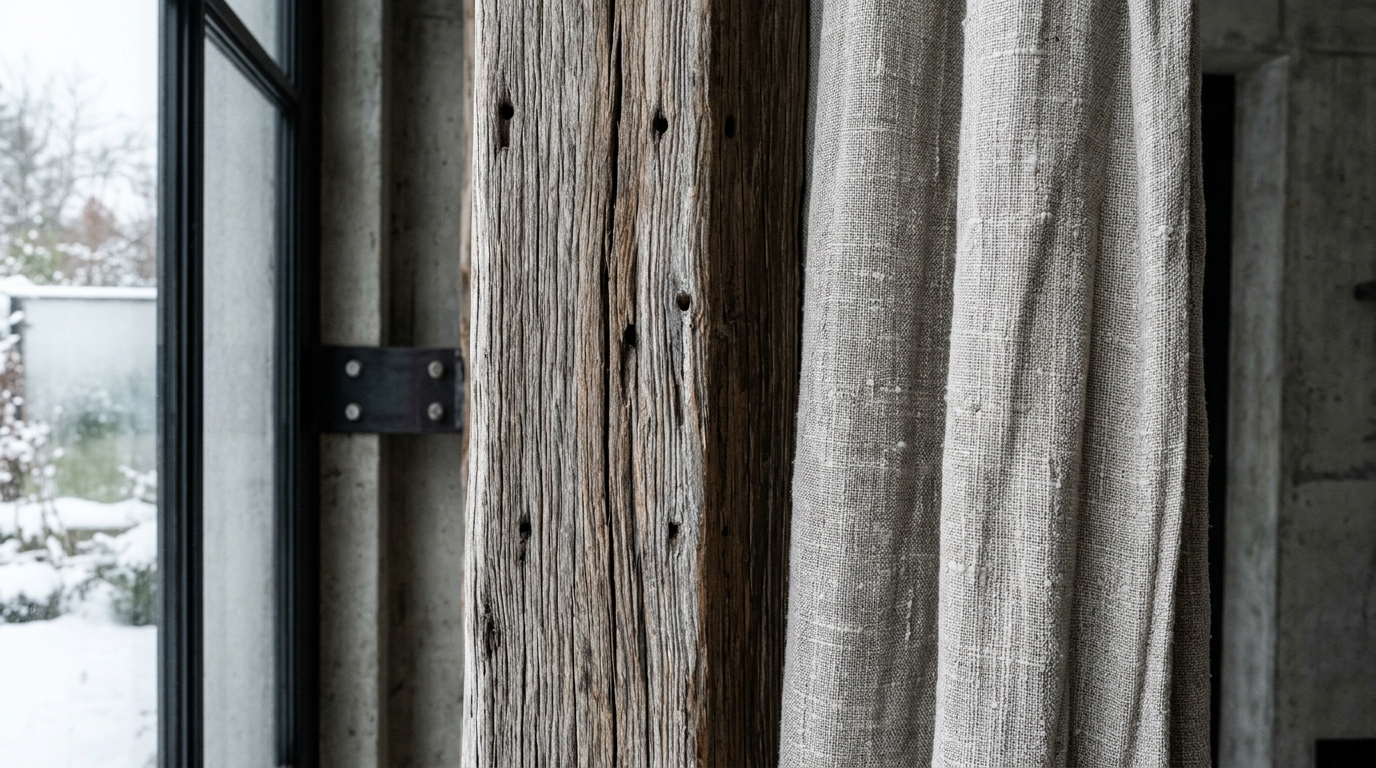 Tactile study of weathered teak wood and silver-gray outdoor linen fabrics in a winter setting.