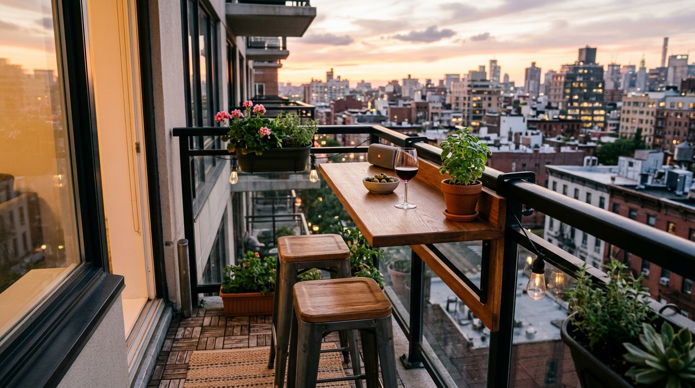 Small space small apartment balcony ideas featuring folding furniture and a rail-mounted bar table for efficiency.