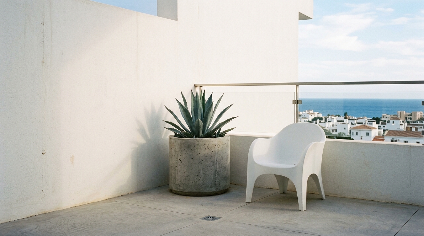 The use of negative space on a small balcony: one statement plant and a sculptural chair against a clean white wall.