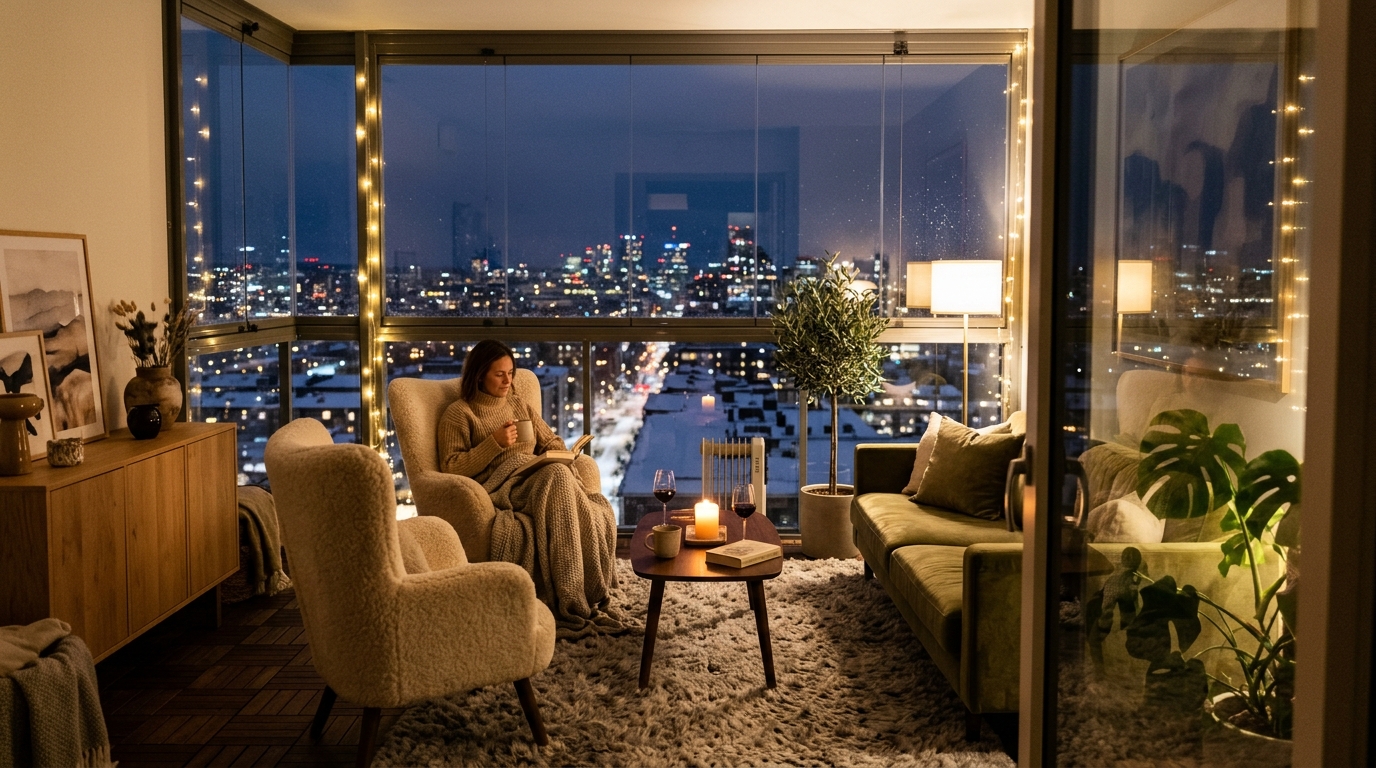 A forward-looking architectural reflection of a winter balcony with glass enclosures and soft interior-matching furniture.