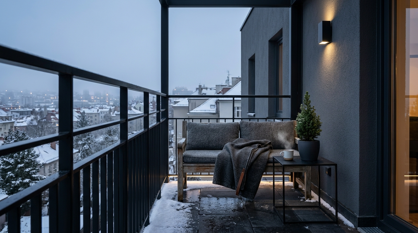 Modern small apartment balcony ideas showing a minimalist wooden bench with charcoal gray cushions and a stack of wool blankets.